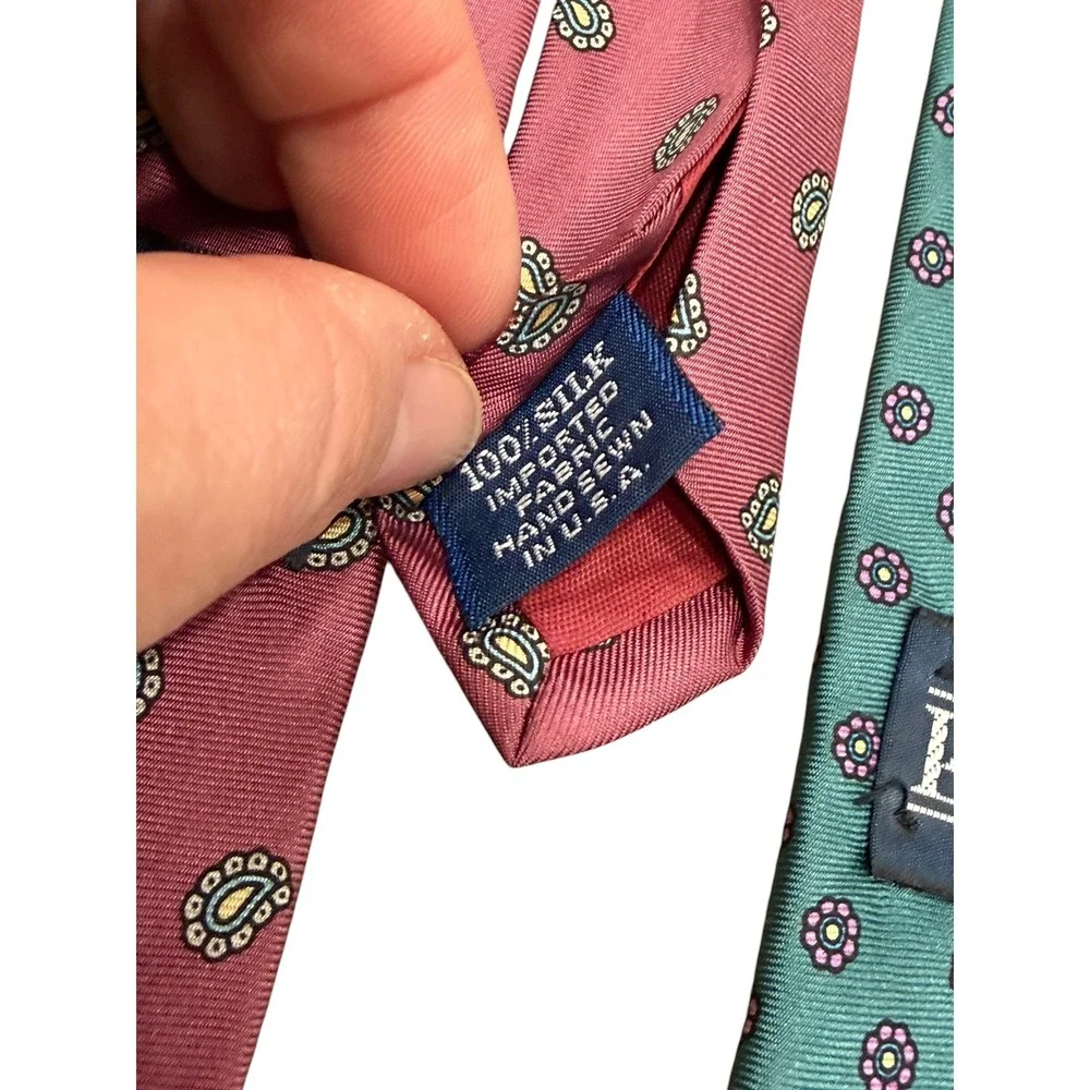 Lands End Mens Silk Ties Lot of 3 Handsewn USA Paisley Green Pink‎ Red